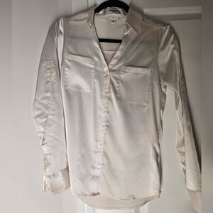 Express White Satin Portofino Button Up Long Sleeve Women's Top XS SLIM